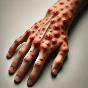 The Monkeypox Situation in Pakistan - 2024 1 DALL·E 2024 08 18 16.40.17 A close up image of a persons hand with visible red raised pustules or lesions on the skin representing the symptoms of monkeypox. The skin around