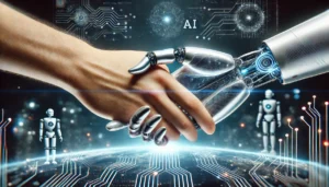 DALL·E 2024 10 03 18.57.43 A close up 3D scene of a human hand shaking a robot hand focusing only on the hands in the foreground. The human hand is natural while the robot han