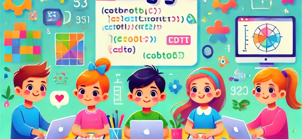 DALL·E 2024-09-10 16.32.27 - A colorful, playful illustration showing young children learning coding. The children are sitting around a table with laptops, tablets, and robotics k DALL·E 2024-09-10 16.32.27 - A colorful, playful illustration showing young children learning coding. The children are sitting around a table with laptops, tablets, and robotics k