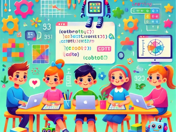 DALL·E 2024-09-10 16.32.27 - A colorful, playful illustration showing young children learning coding. The children are sitting around a table with laptops, tablets, and robotics k