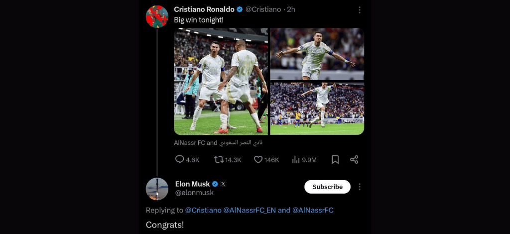 Elon Musk Congratulates Cristiano Ronaldo After Champions League Victory (1) Elon Musk Congratulates Cristiano Ronaldo After Champions League Victory