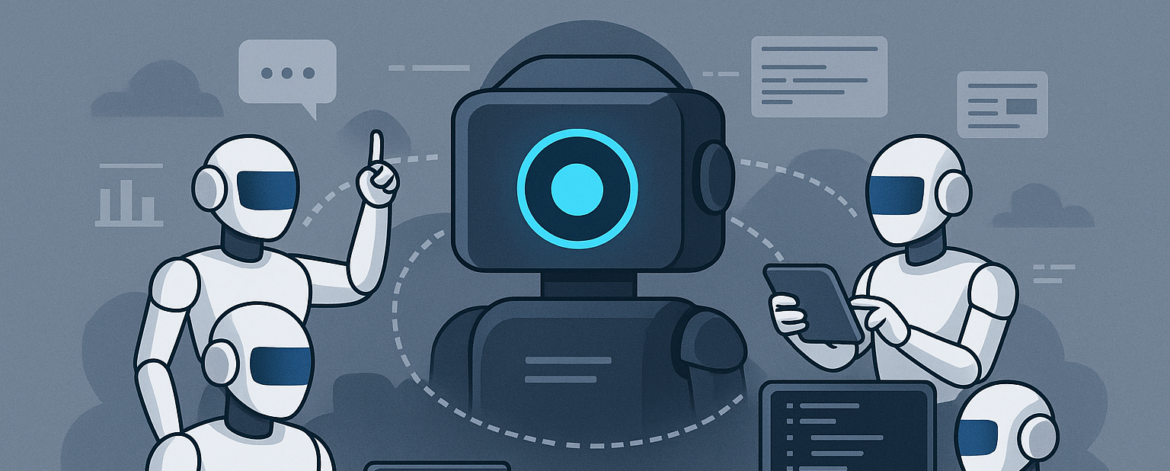 AI Agents Illustration of autonomous AI agents collaborating in a digital environment