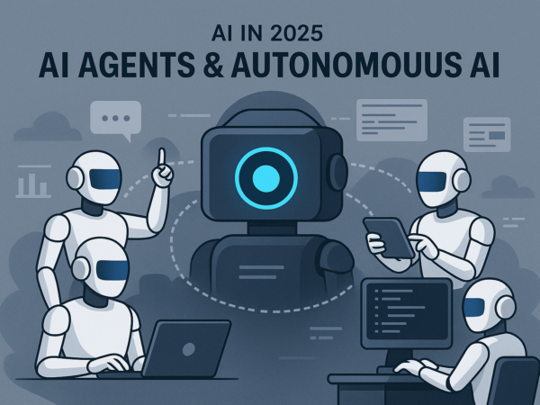 Illustration of autonomous AI agents collaborating in a digital environment